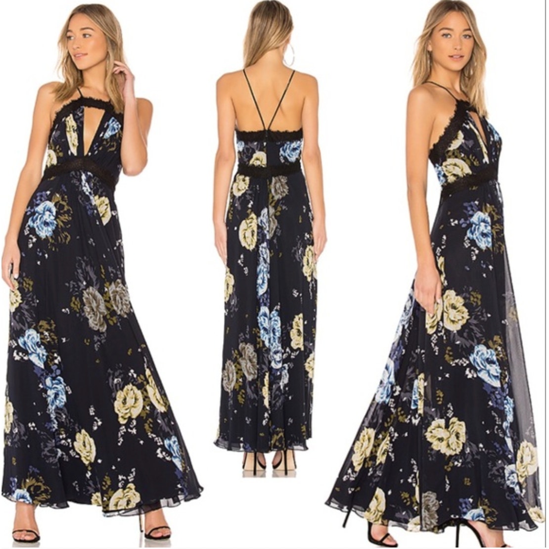 Jill Stuart Margaret Maxi Dress Womens 2 Blue Floral Printed Gown Lace Trim Nwt